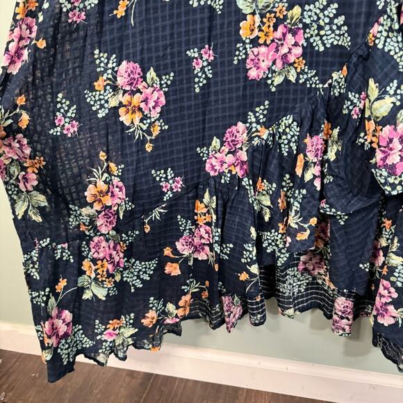 LC Lauren Conrad Floral Waffle Wrap Tie Ruffle Maxi Dress Navy Blue 4X Plus NWT - Picture 4 of 12